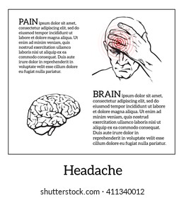 man put his hand to his forehead. Realistic sketch illustration of head pain