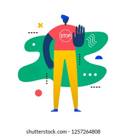 Man put his hand forward, stop gesture. Creative vector illustration made in abstract composition