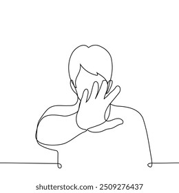 man put his hand in front of himself at the camera - one line art vector. concept gesture stop. Handmade vector not AI