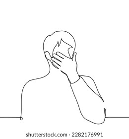 man put his hand to his mouth - one line drawing vector. concept of strong surprise or fright