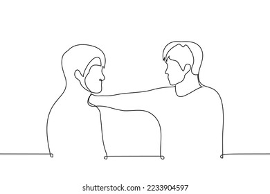 man put his hand his friend's shoulder   looks into his eyes    one line drawing vector  concept male friendship  emotional support  empathy  kindness
