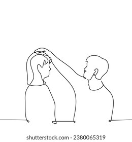 el hombre puso su mano en la cabeza de la mujer - un vector de arte de una línea. palpación conceptual en la cabeza, elogios, ternura, amor paternal,