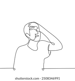 the man put his hand on his head with his mouth open - one line art vector. concept despair, crisis, facepalm, cringe, migraine. Handmade vector not AI