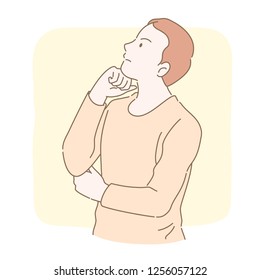 Man put his hand under his chin and thinking for a while in thin line style