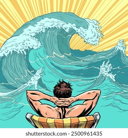 The man put his hands behind his head and looks at the sea waves. Promotions from travel agencies for seaside holidays. Watch the water and relax. Pop Art Retro Vector Illustration Kitsch Vintage 50s