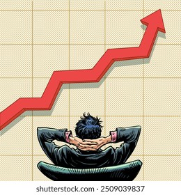 The man put his hands behind his head and watches the graph grow upward. Business success and big profits. Advancement in the career ladder of an office worker. Pop Art Retro Vector Illustration