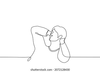 Man Put His Hands On The Back Of Head - One Line Drawing Vector. After Work Rest Concept, Neck Muscles Warming And Warm-up Exercise, Procrastination And Laziness