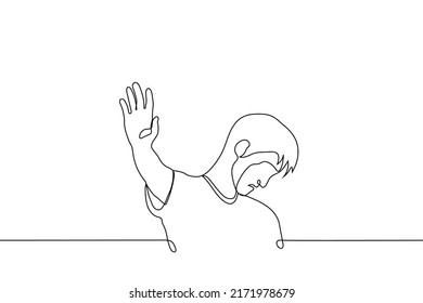 man put his hands out in front of him his head is lowered he is sad - one line drawing vector. concept of fatigue, a call to stop, break the connection, give up something