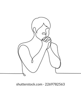 man put his hands together interlacing his fingers - one line drawing vector. concept pray or make a wish