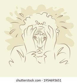The man put his head in his hands. Line drawings of man feeling sad, tired and worried about suffering from depression in mental health. Problems, failures and concepts of heartbreak.