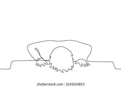 el hombre puso su cabeza y palmas en la mesa - un vector de dibujo de una línea. el concepto de fatiga, inconsolabilidad, desesperación 