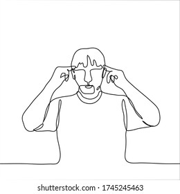 The man put his index fingers to his temples. One continuous line drawing the concept of intense brain activity, creating an idea, mental concentration, giving ideas, the inclusion of creativity