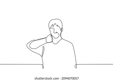 el hombre puso su palma en la parte posterior del cuello - un vector de dibujo de una línea. el concepto de consideración, confusión, duda, indecisión 