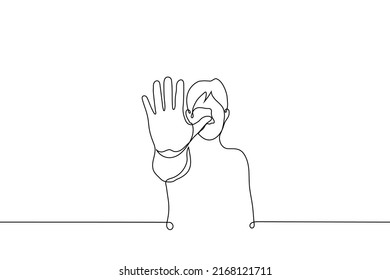 man put his palm forward - one line drawing vector. concept gesture of resistance, refusal, stop, cessation,  disconnection, ban, ignoring, blocking, disconnection, ban, ignoring, blocking