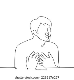 Mann legte seine Handflächen auf die Brust, ist sein Mund offen - eine Linie ziehende Vektorgrafik. das Konzept, jemanden zu überzeugen, sich selbst Aufmerksamkeit zu schenken