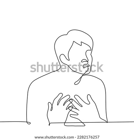 man put his palms on his chest his mouth is open - one line drawing vector. the concept of convincing someone, attracting attention to yourself