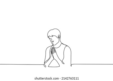 man put his palms together in supplication - one line drawing vector. the concept of praying or making a wish