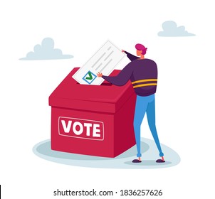 Man Put Huge Paper Ballot with Green Tick in Box. Vote, Election or Social Poll Concept. Tiny Voter Male Character Casting Ballots at Polling Place During Political Voting. Cartoon Vector Illustration