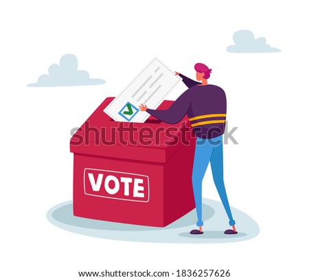 Man Put Huge Paper Ballot with Green Tick in Box. Vote, Election or Social Poll Concept. Tiny Voter Male Character Casting Ballots at Polling Place During Political Voting. Cartoon Vector Illustration
