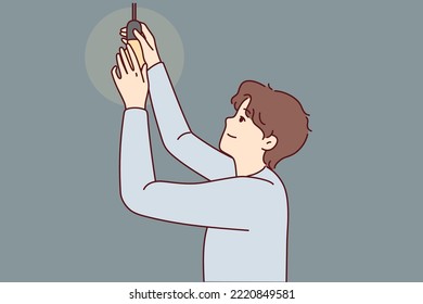 Man put lightbulb indoors. Male screw light bulb on ceiling. House renovation and repair. Generating business idea concept. Vector illustration. 