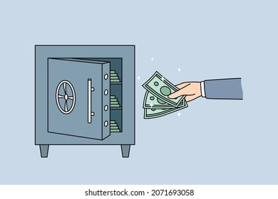 Man put money into vault make investment for future. Male investor save cash in protected strongbox. Saving and banking. Finance stability concept. Credit and deposit. Vector illustration. 