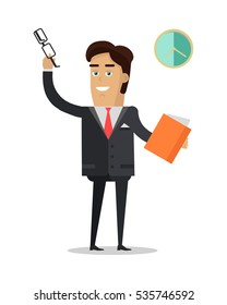 Man put off his glasses, raised hand and greeting his colleagues. Man holds book in his hands. Middle of the working day. Male in expensive suit works in office. Marketing concept. Vector illustration