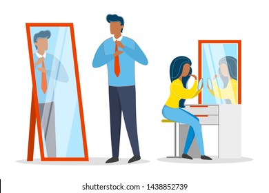 Man put on his neck tie. Business clothes, blue shirt and black trousers. Guy dressing. Woman applying makeup. Isolated vector illustration in cartoon style