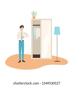 Man put on his neck tie. Business clothes, white shirt and trousers. Guy dressing. Isolated vector illustration in cartoon style