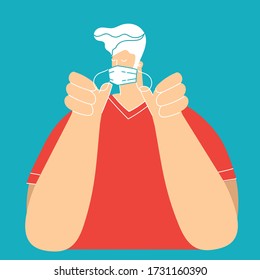 Man put on a protective mask. Modern flat colorful design. Safe and clean concept to protect against coronavirus infection.