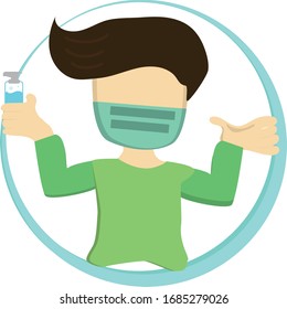 Man put on surgical mask, grean shirt and show him hand with blue alcohol gel in right hand.