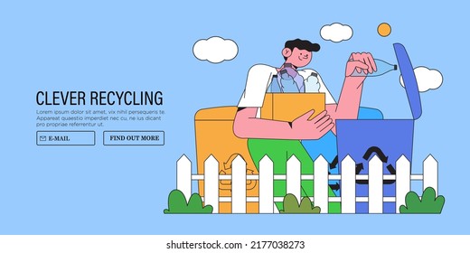 man put plastic in trash bin, dumpster or container. Character do garbage collection, sorting and waste recycling. Cartoon vector illustration of people for posters, app, web landing page. Ecology.