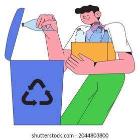 Man put rubbish in trash bin, dumpster or container. Happy character practice garbage collection, sorting and recycling. Cartoon vector illustration of people with outline for posters, app, website.