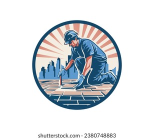 Hombre pone piedras en la luz del logotipo de vectores Paver Roadworker	
