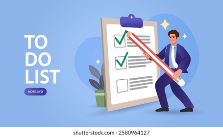 Man put tick on complete checklist on paper clipboard. man with a to-do list. Concept of task done. Successful time management. planning business. daily planner or personal organizer. Vector Flat.