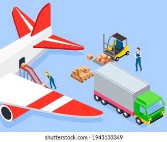 Man puts boxes on conveyor belt in airplane. Loading packages and containers into cargo aircraft