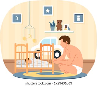 Man puts child to bed. Healthy kid, happy family. Father spends time at home with his baby. Guy in underpants near his sleeping in bed child. Male character looking at his little son in cradle