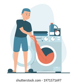 Man puts clothing in the washing machine vector isolated. Daily routine of a househusband. Domestic work, washing dirty clothes.