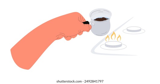 Man puts coffee maker on burning gas stove to prepare coffee. Hand holds a coffee maker filled with water and ground coffee. Concept of ​​making a hot drink. Colored flat vector illustration isolated