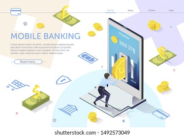 Man Puts Coin into Hole ATM. Mobile Banking. Online Banking. E-Banking System. Online Payment System. Use Mobile Banking Application. Modern Technology. Perform Transaction. Vector Illustration.