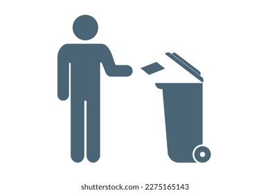 man puts garbage in a trash can, do not litter sign
