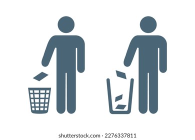 man puts garbage in a trash can, do not litter sign