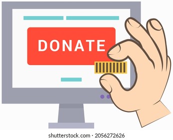 Man puts gold coin in computer monitor for donations. Coin in hand, donation box. Donate, giving money. Investment application. Voluntary transfer of funds for various needs, financial operations