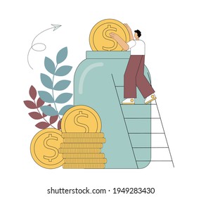 A man puts gold coins in a huge glass jar. Make savings. Bank deposit. Vector cartoon illustration Isolated illustration on white background.
