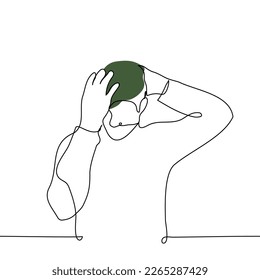 man puts a green military beret on his head - one line drawing vector. the concept of a soldier putting on a headdress