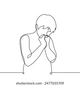 man puts his hands to his face in a praying gesture - one line vector. concept desperately wishing, praying, affirmations. Handmade vector not AI