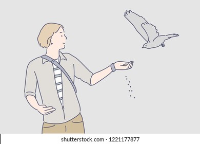 A man puts his prey in his hand, and a dove is flying to him. hand drawn style vector design illustrations.