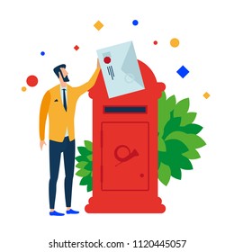 The man puts the letter in the mailbox. Vector illustration. Separate objects. Isolate.