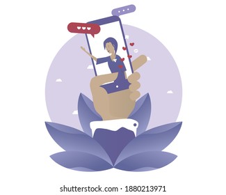 A man puts like on the Internet on a photo in the profile of a girlfriend.. Vector illustration with Web communication idea for telework, remote working and freelancing concept