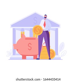 Man puts money in piggy bank with coins and credit card. Concept of banking, saving money, deposit, cash back. Vector illustration in flat design for UI, web banner, mobile app