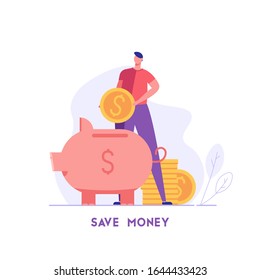 Man puts money in piggy bank with coins and credit card. Concept of banking, saving money, deposit, cash back. Vector illustration in flat design for UI, web banner, mobile app